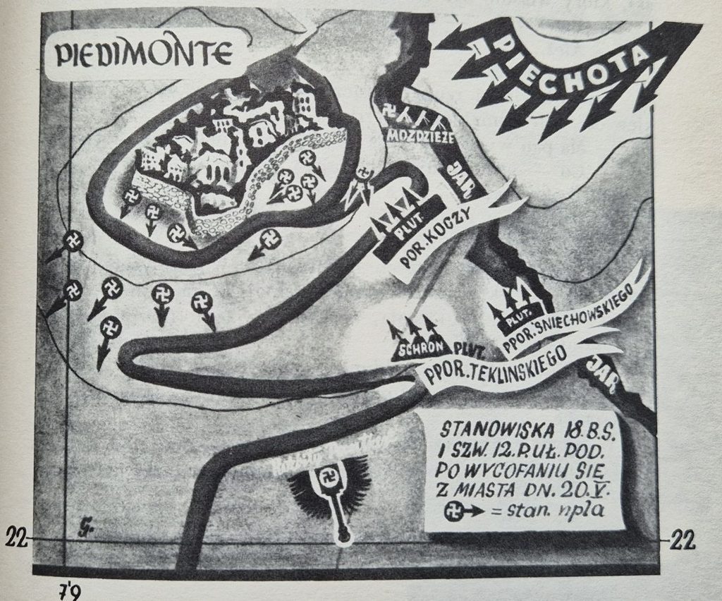 Rozmieszczenie plutonów kombinowanego szwadronu 12 Pułku Ułanów Podolskich i 18 Batalionu Strzelców po wycofaniu się z Piedimonte 20 maja 1944 roku. Źródło: Melchior Wańkowicz, „Bitwa o Monte Cassino”, t. III.